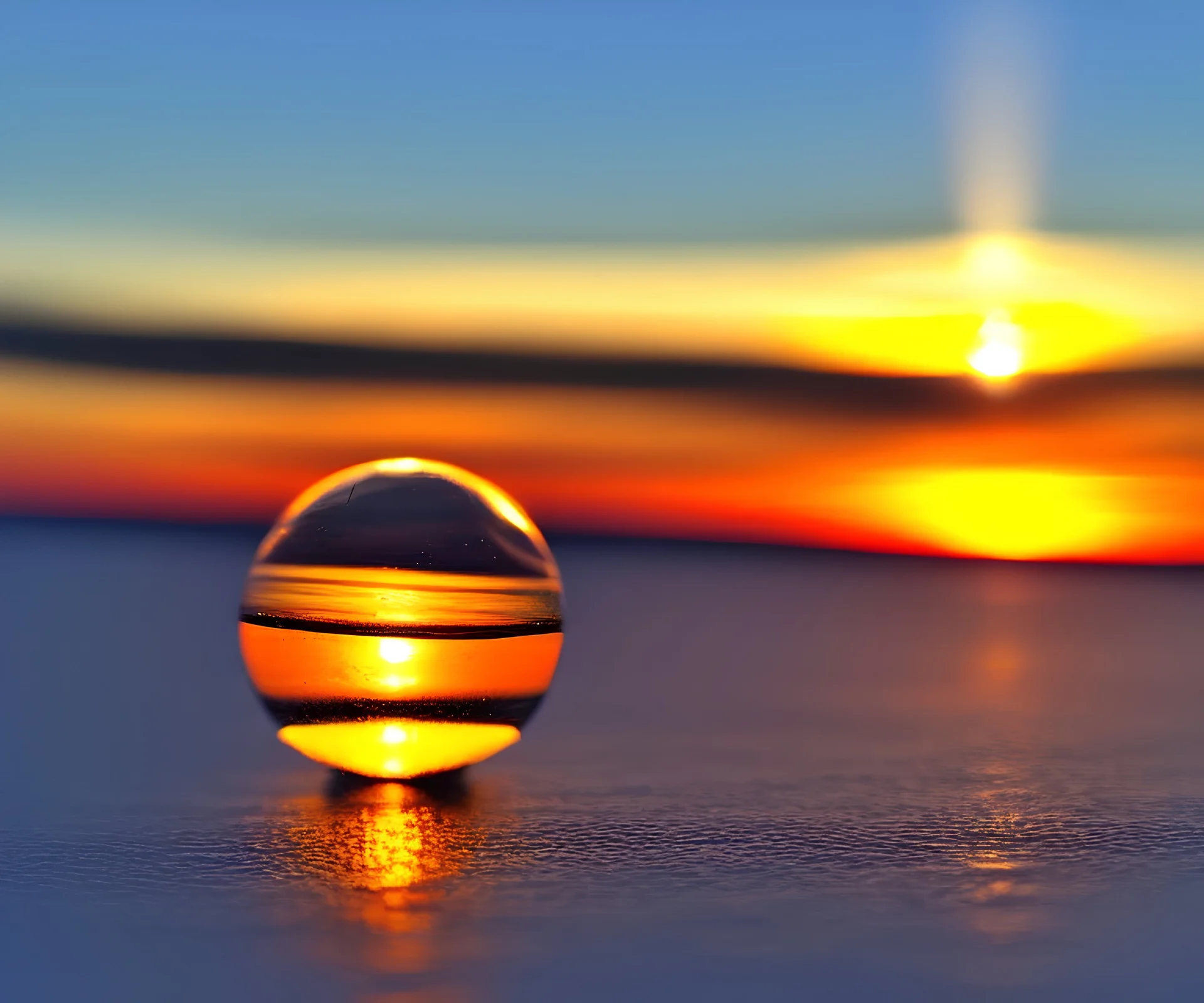 it is sunset. focused centered fine-art photography closeup of a clear spherical ice cube 3' above the ground, minimalism