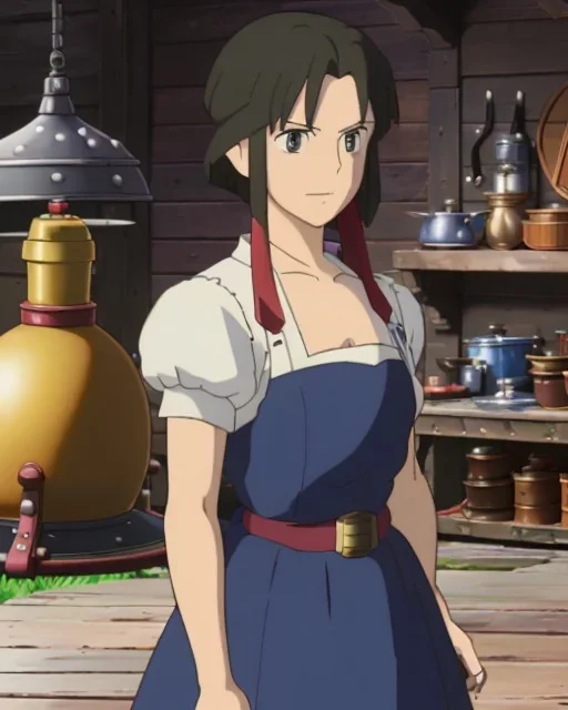 JRPG, Top-Heavy, very much exposed, Voluptuous Muscular Female Blacksmith in Town. Blacksmith's Apron is brown <3