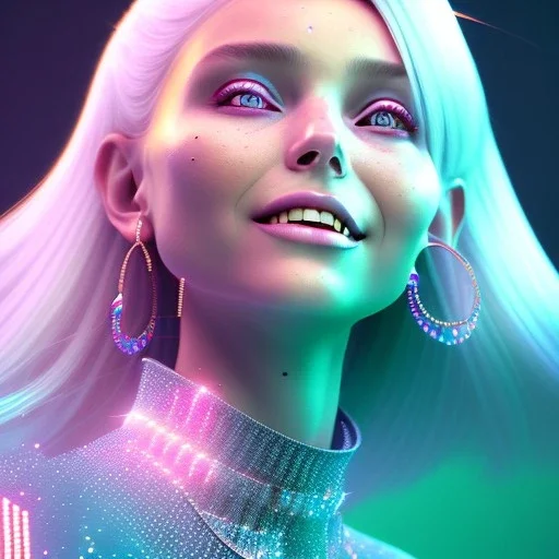 A portrait of a crystalised girl,smiling, laughting longs normal hairs white , atmospheric, realistic,, cinematic lighting, octane render,, pink turquoise light, white skin