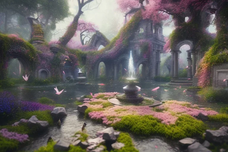 beautiful hyperrealistic secret flower garden in the middle of temple ruins, water fountain, birds flying, highly detailed, digital painting, trending artstation, concept art, illustration, cinematic lighting, vibrant colors, photorealism, epic, octane render