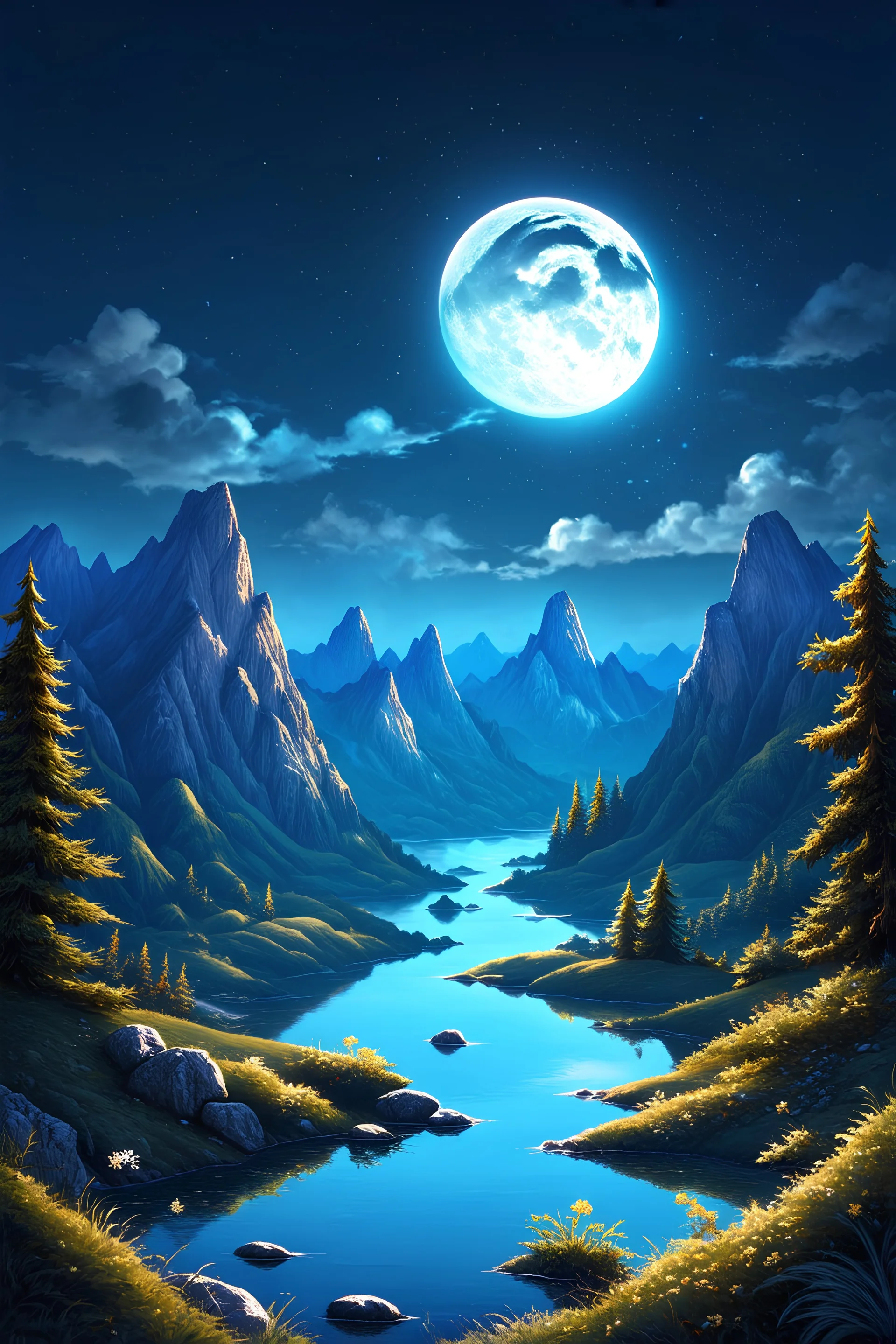 fantasy night landscape with mountains