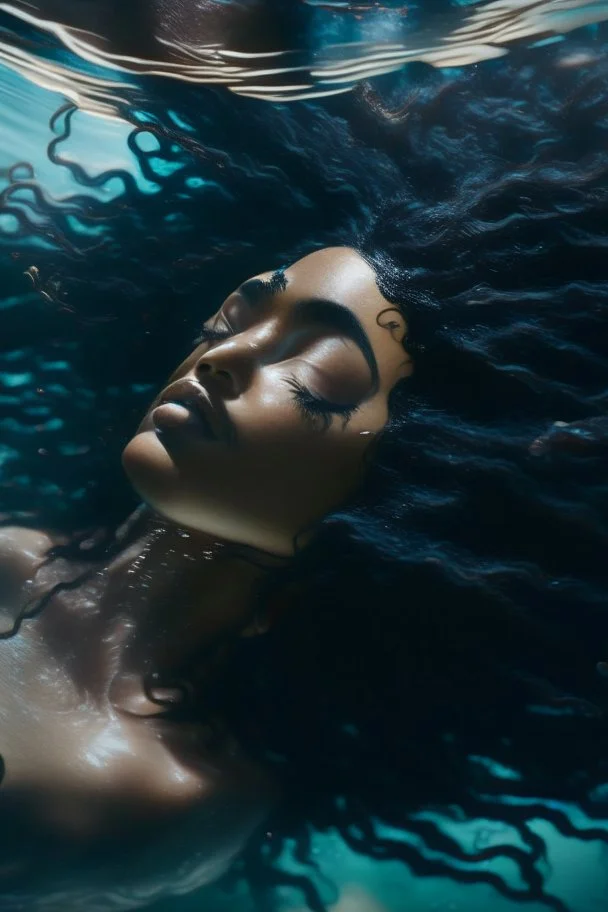 a beautiful woman, long curly black hair,closed eyes,coming from beneath the water,braking the surface with her face just coming out the water,looking up symbolism for breaking free. realistic,8k quality, action close shot from areal view,highly detailed , chaos 80