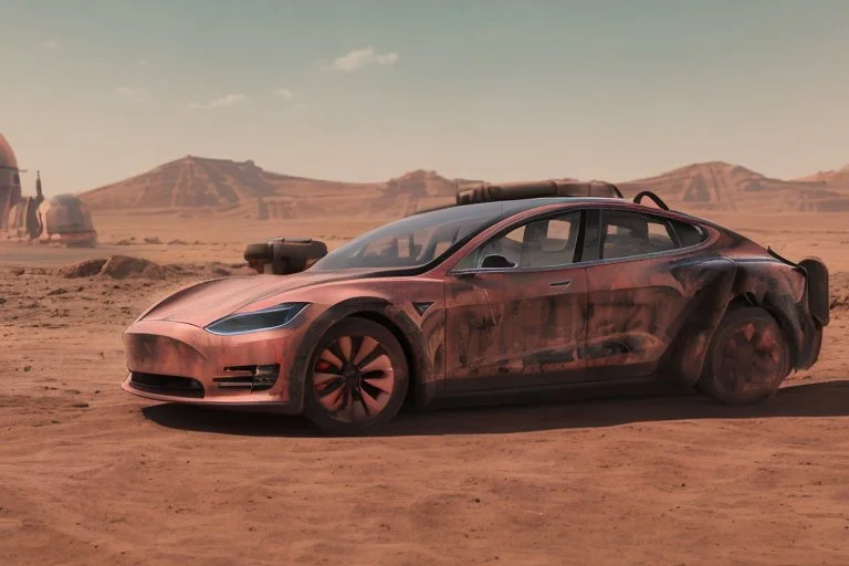 A Tesla 'Model Y' is drifting at high speeds, in Mos Eisley on the planet Tatooine. (CINEMATIC, WIDE ANGLE LENS, PHOTO REAL)