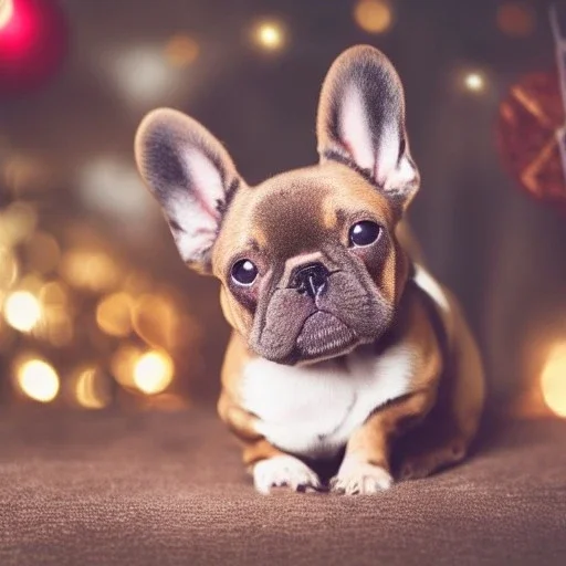 Portrait of a cute little french bulldog with brown fur celebrating new year and christmas