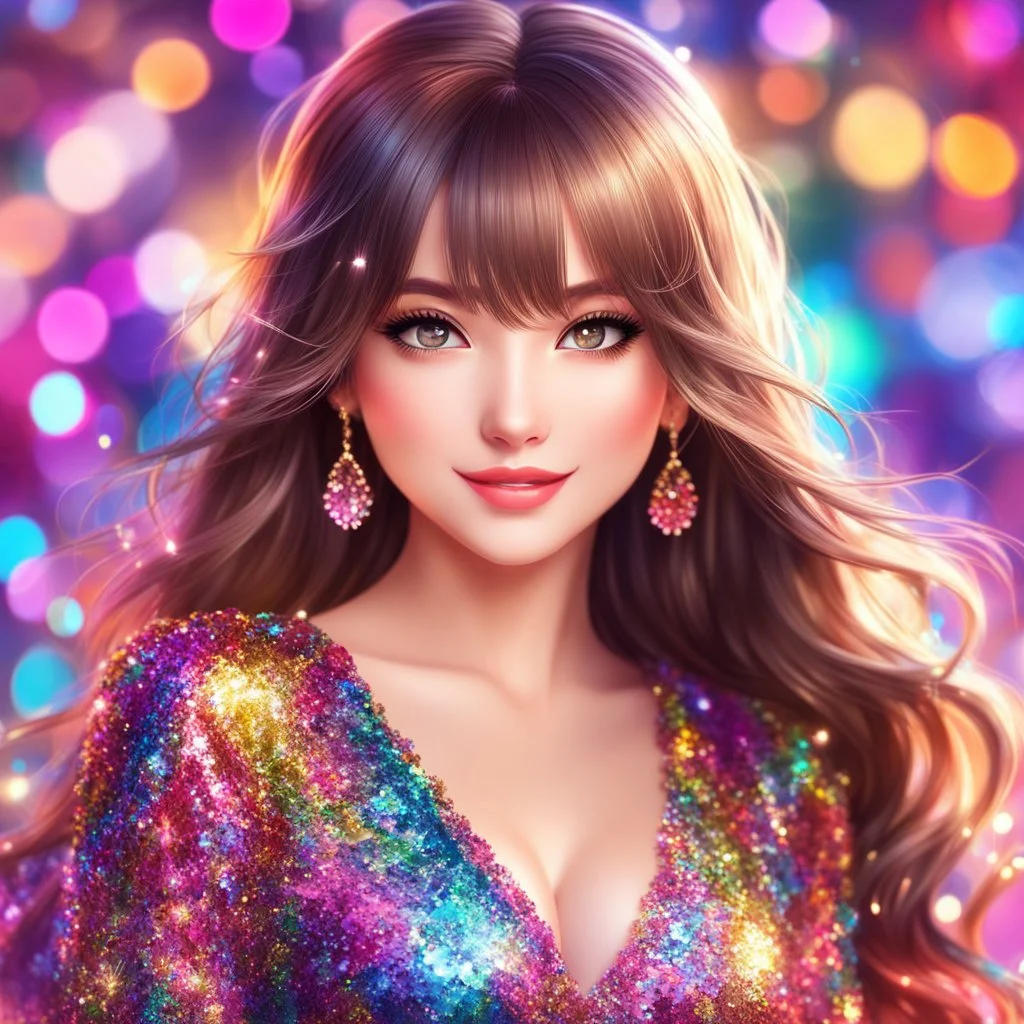 Beautiful anime girl with a dress fully covered with many colorful sequins, front view, beautiful anime portrait, realistic anime face, long shiny hair, glowing eyes, beautiful face, rosy cheeks, red lips, smile, colorful bokeh background, gorgeous, detailed, correct face structure, correct anatomy