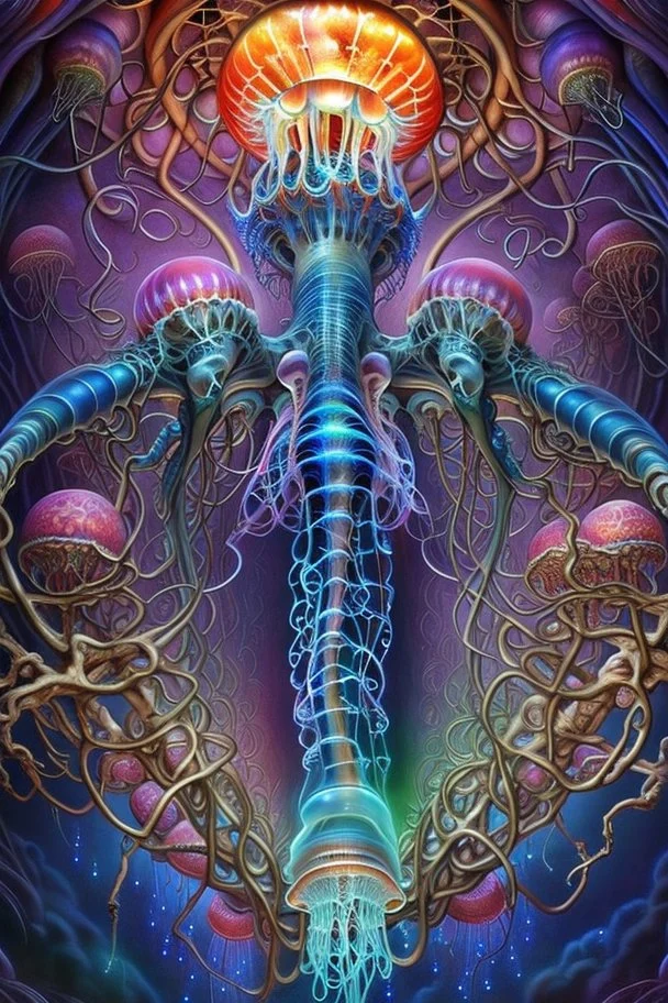 beautiful .bones. A jellyfish Cosmic robot developed .Fantasy, perfect anatomy, Coral trees, alien fruits ..fantasy, vibrant digital art professional award winning masterpiece, oil on canvas Atmospheric extremely detailed Josephine Wall