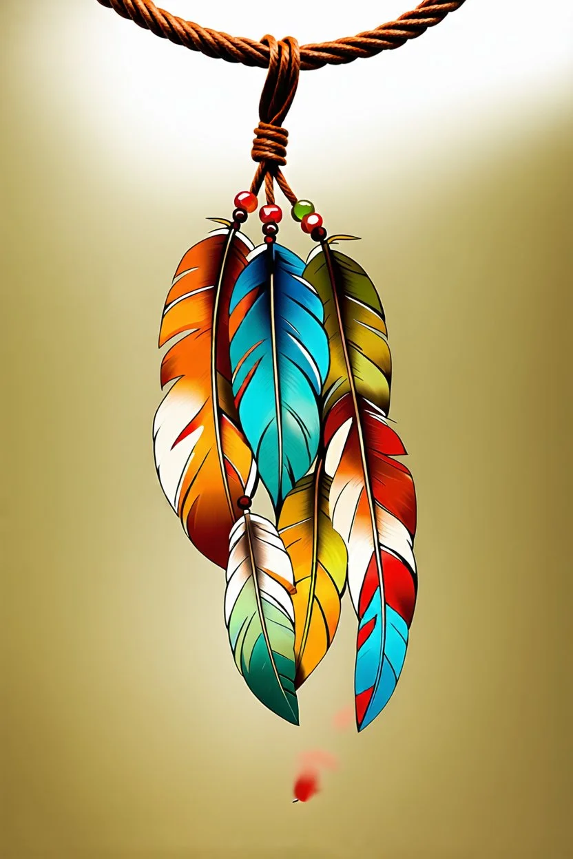 feathers and beads on leather string moving in the wind, warm colors, sharper details, hand painted