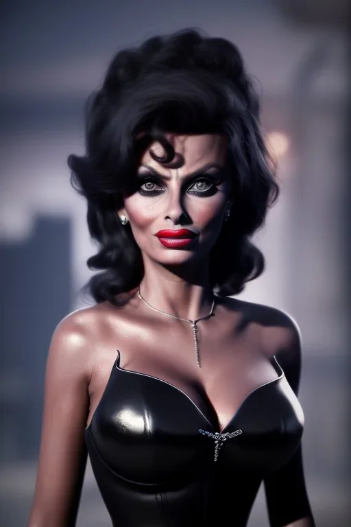 young sophia loren as evil queen in black leather, angry, stern look, volumetric lighting, particales,highly detailed,cinematic, deep colours,8