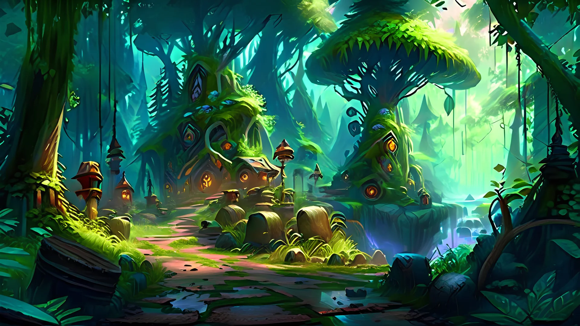 Fantasy art style, druid city in the middle of the forest