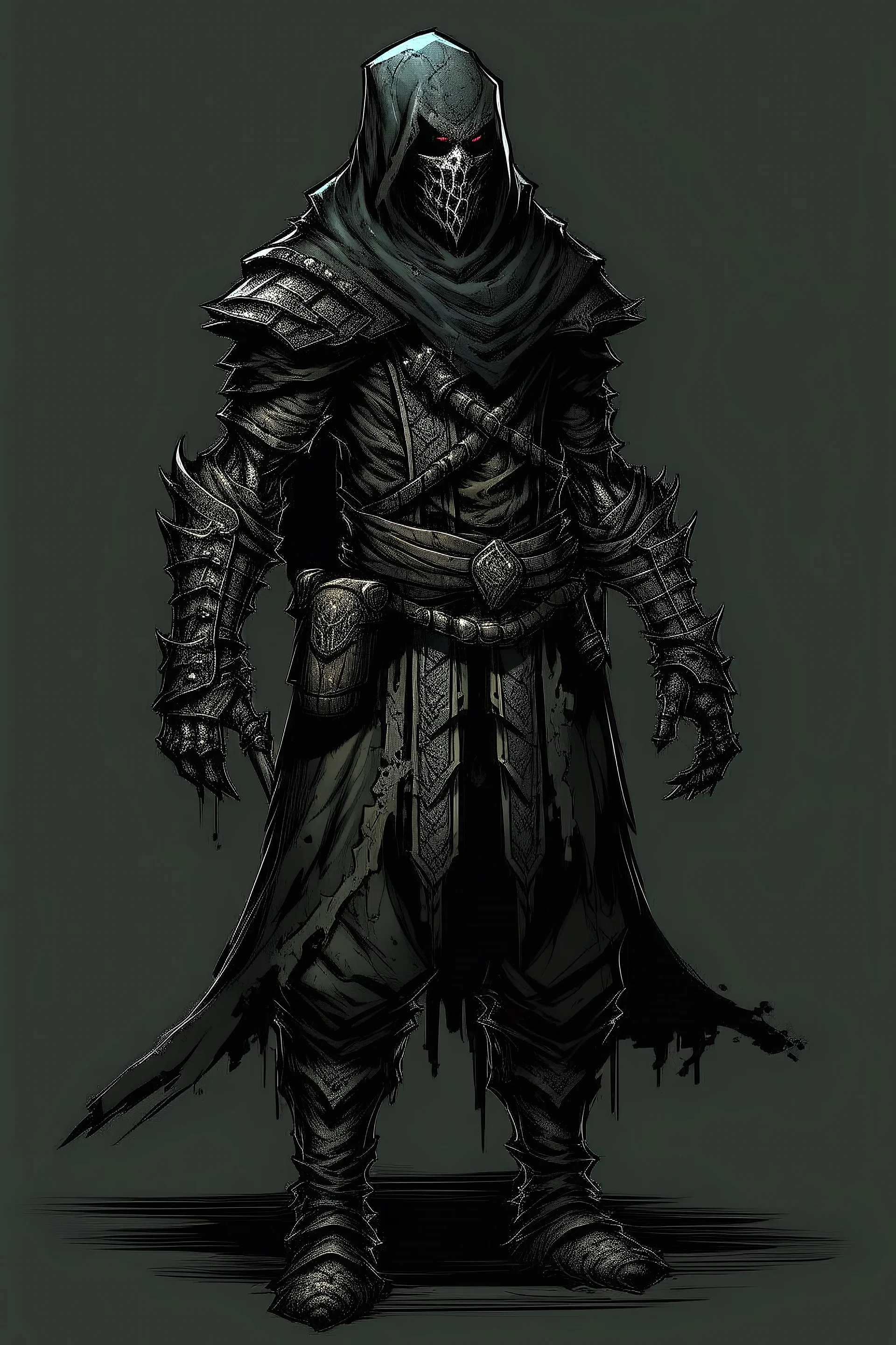 a full body image of an assassin from dungeons and dragons with their eyes sewn shut, dark souls art style