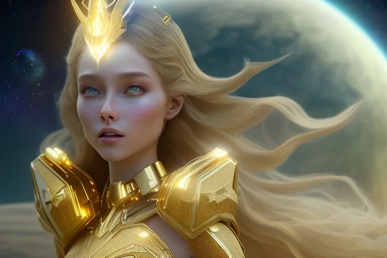  beautiful cosmic woman, golden skin, long hair, nice smiling, magic glamour make up, delicate colors, beautiful glamour galactique dress, ultra sharp focus, 8k, unreal engine 5, extremely sharp detail, light effect, soft light atmosphere of a spaceship, smooth, full of details, face in front, complete vision of face and hair and body