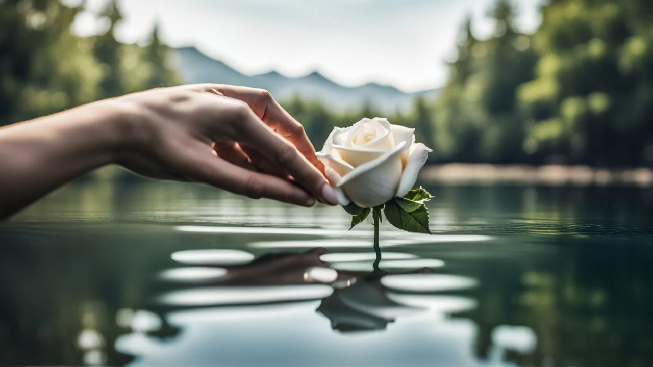 close up Back view couple holding hands close a lake, a white rose swims on the water, in the blur background a lake, some green trees, ultra detailed, sharp focus, perfect anatomy, perfect hands with fingers, perfect photo