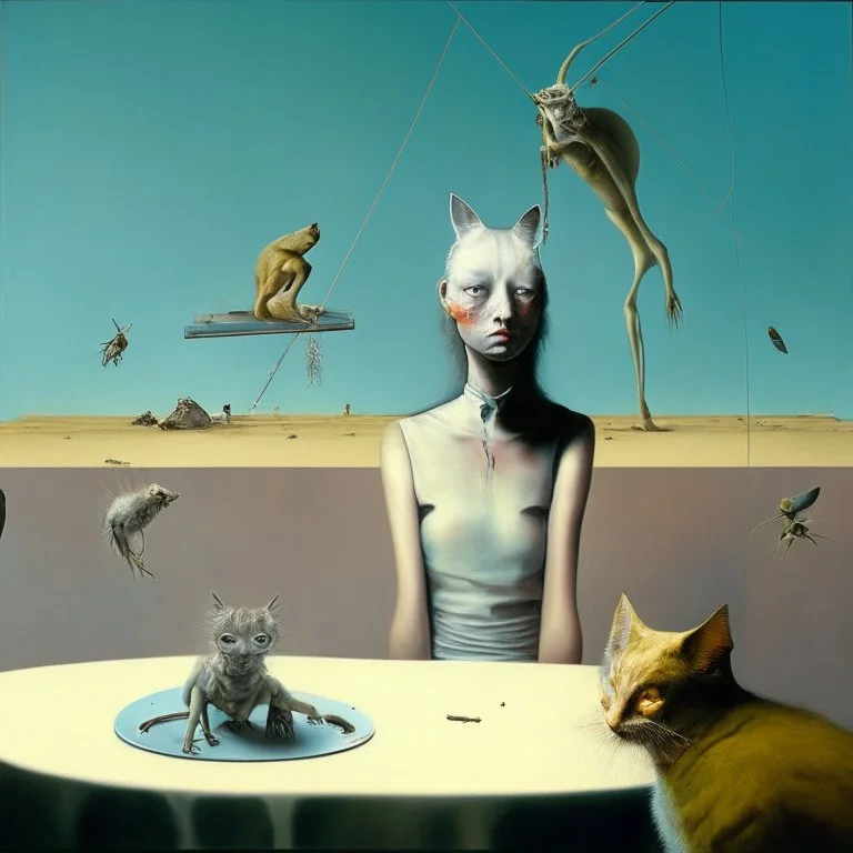 UN conference.a cat and human flesh-like surgical instruments and universe-like a pigeon and neuralink, surrealism,minimalism,Painting By Adrian Ghenie, Rene Magritte, Salvador Dali, Lucian Freud