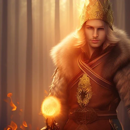 Male, Human, Blond, Sorcerer, Fire Mage, Golden Eyes, Young, Photorealism, Full Body Shot, Forest Background