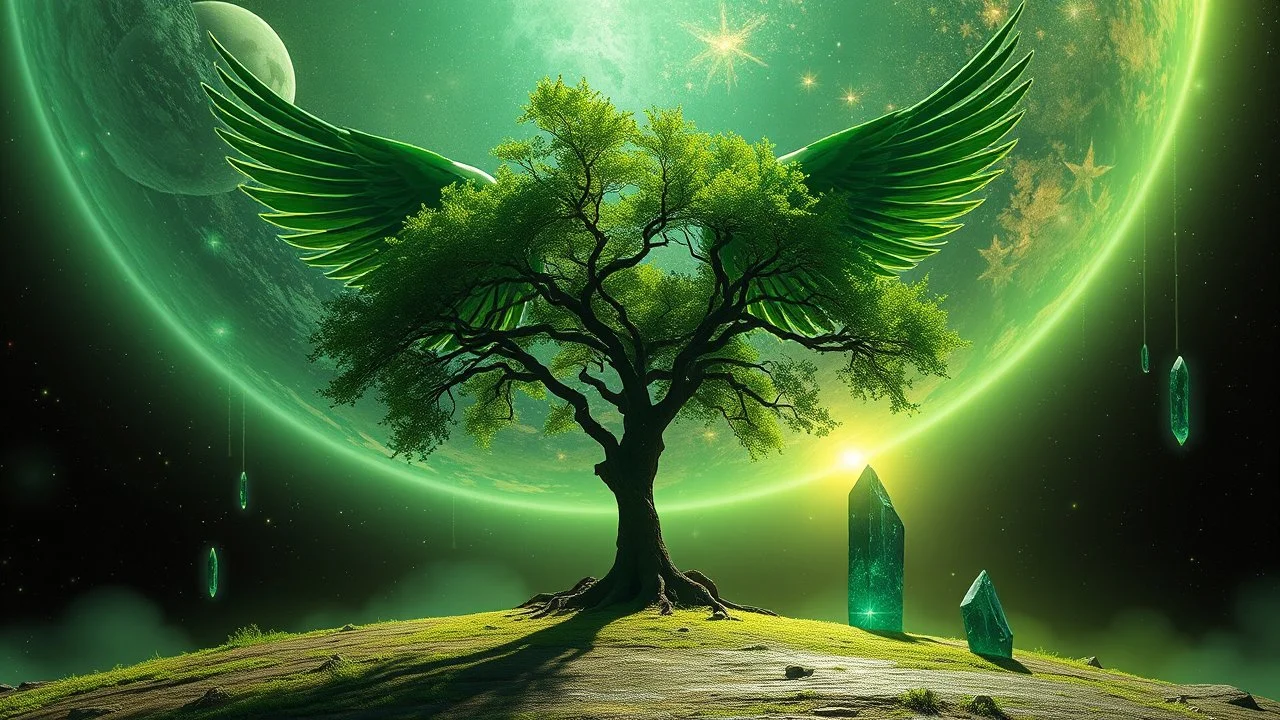 matrix universe, space, planets, god creation, angels from other dimensions with beautiful wings, trees on the planet, behind green crystals of light, few tiberium monolith deposits on the planet near tree,