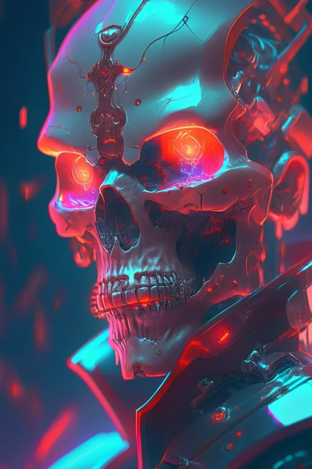 A glass headed skull with glowing ruby eyes wearing a futuristic uniform, 8k resolution concept art portrait by Greg Rutkowski, Artgerm, WLOP, Alphonse Mucha dynamic lighting hyperdetailed intricately detailed Splash art trending on Artstation complimentary colors Unreal Engine 5 volumetric lighting