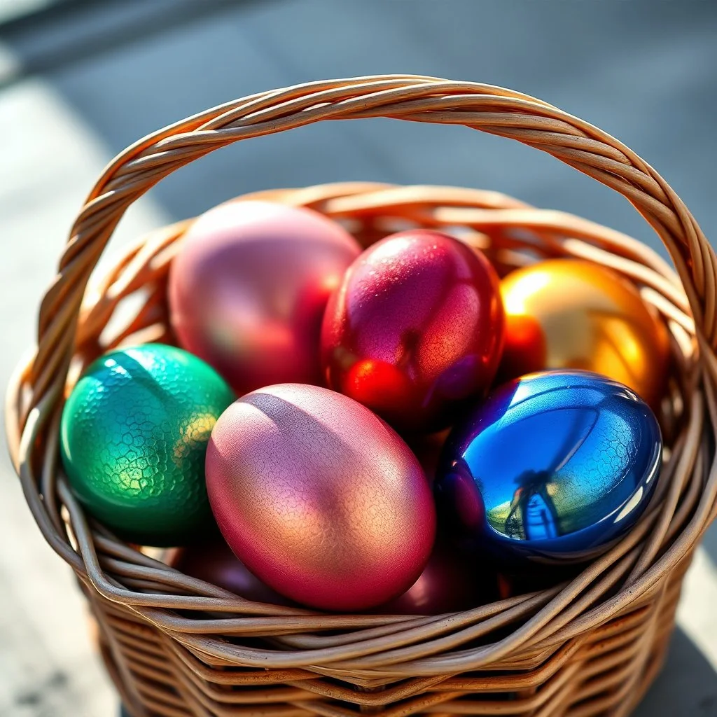digital photograph — off-center modern wicker basket holds Easter eggs in vibrant azure, emerald, blush, crimson, gold, sapphire, and metallic tones. Each egg's glossy surface reflects intricate dimpled textures under dramatic cinematic HDR backlighting, emphasizing subtle sheen contrasts. Shallow depth of field softens sunlit background in hyperrealistic 8k clarity.