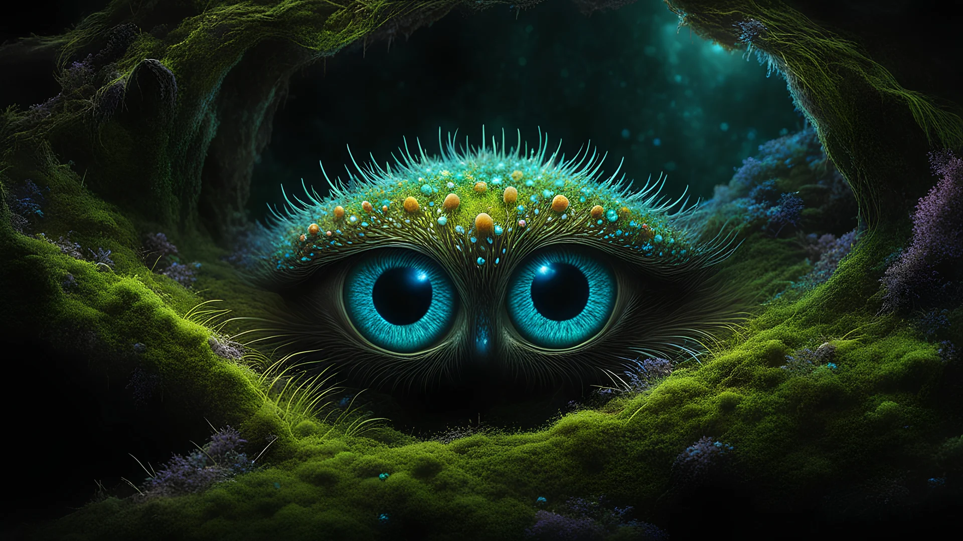 Mesmerizing, full-body illustration of a delicate, translucent, nocturnal, large, detailed eyes having illuminated slit pupils, its body adorned with colorful bioluminescent spores and lichens in a fungal fractal pattern, in a dark, wet cave, dimly lit by the glow of luminescent moss and fungi, bringing to life the splendor of this amazing species in its pristine, extraterrestrial habitat, misty, raining, wet, glossy, ultra-detailed, intricated details, cinematic alien background, fungal art