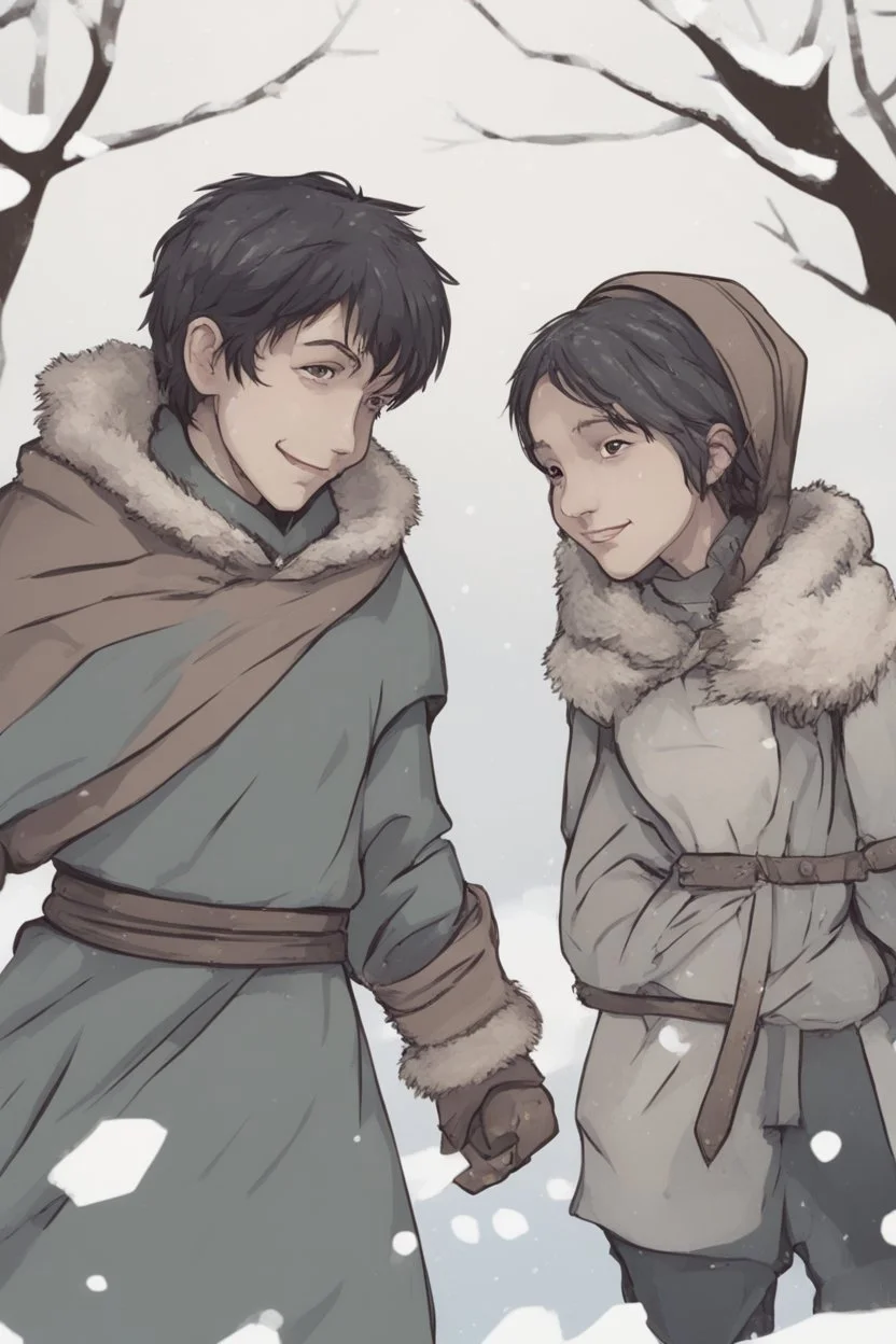 DnD style, two medieval peasant kids playing in the snow male and female, age 14 and 15, happy and playful