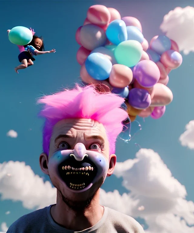 Ultra realistic clouds sky scene, wide angle, sweet childs falling down, free jumping flying, many trinkets, monster hair, hair monster, jelly beans, balls, smile, happy, circus style, inflatable color clothing, extreme, wind, clouds sea, 20,000 feet altitude, stratosphere, soft color, highly detailed, unreal engine 5, ray tracing, RTX, lumen lighting, ultra detail, volumetric lighting, 3d, finely drawn, high definition, high resolution.