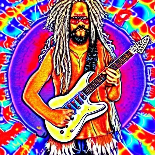 TRIPPY, ACID, LSD, WOODSTOCK, hippie Santa playing electric guitar, psychedelic, peace sign, MUSHROOMS, dreadlocks