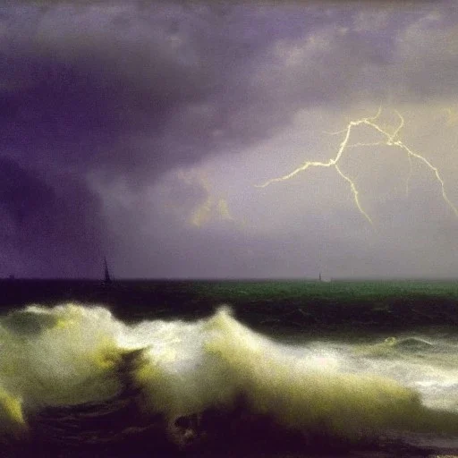 George Inness, painting, ocean, waves, lightning bolts, photo realistic, 8k, storm, blizzard, purple