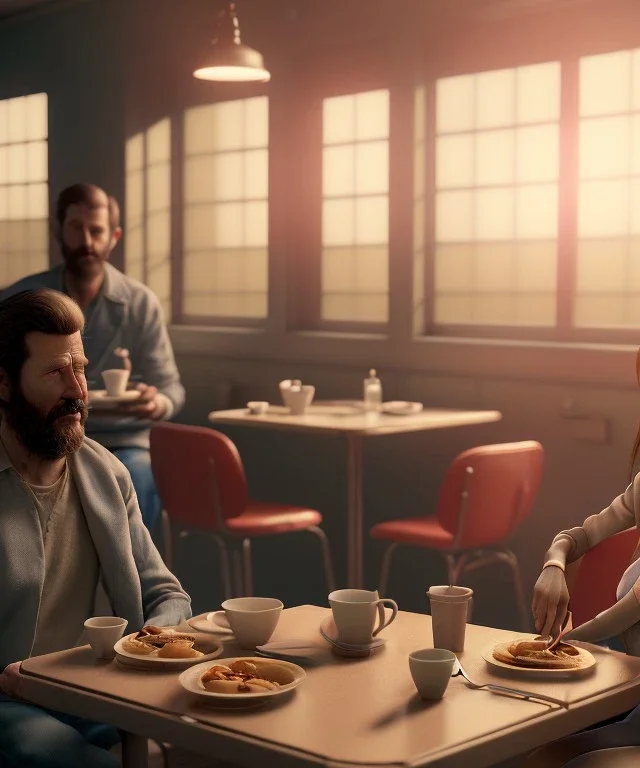 Realistic scene, man and woman sitting in cafeteria and having breakfast levitating, 0 gravity, Wes Anderson, soft color, highly detailed, unreal engine 5, ray tracing, RTX, lumen lighting, ultra detail, volumetric lighting, 3d, finely drawn, high definition, high resolution.