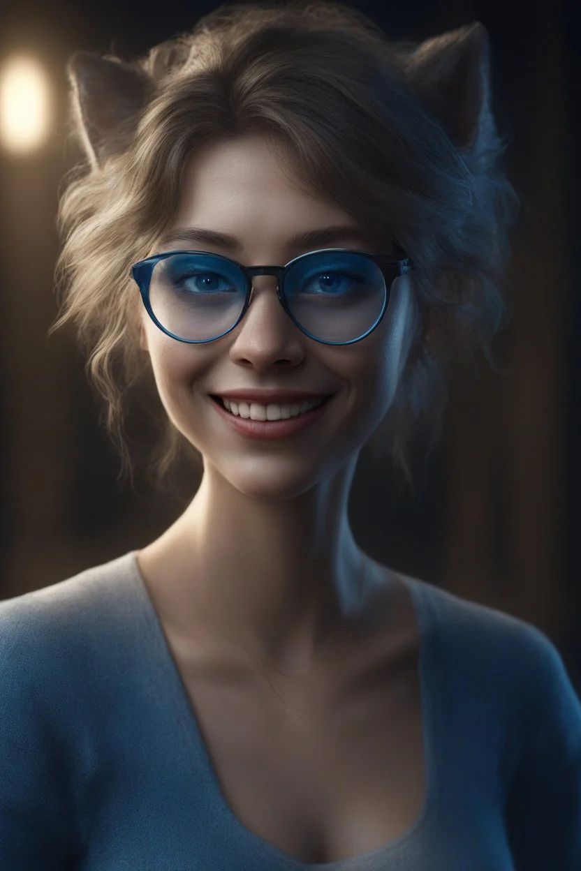 Werewolf, wearing a pair of blue round lensed glasses, Chiaroscuro lighting, deep shadows, rich deep colors, masterpiece, full body portraits, 8K Ultra-HD, Hyper Realistic, Photorealistic, Realistic, focused, Clear, Extremely Detailed, beautiful, Cinematic, proportionate, full color, an image of a smiling young female Werewolf with short, pixie-cut bleached white hair, tapered on the sides, , big, gold hoop earrings, big happy smile, a foggy, cloudy blue background