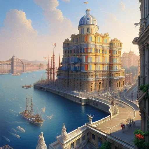 Harbour,Metropolis on sea, Neoclassical architecture, Vignola classicism, palladio, colourful city, genoa, porto, lisbona, marseille, uphill road building, beautiful, Various coulour building, liveable street, green building, plants, tree, stairs, detailed facades, , alphonse mucha, greg rutkowski, matte painting, digital painting, digital illustration, digital art, trending on artstation