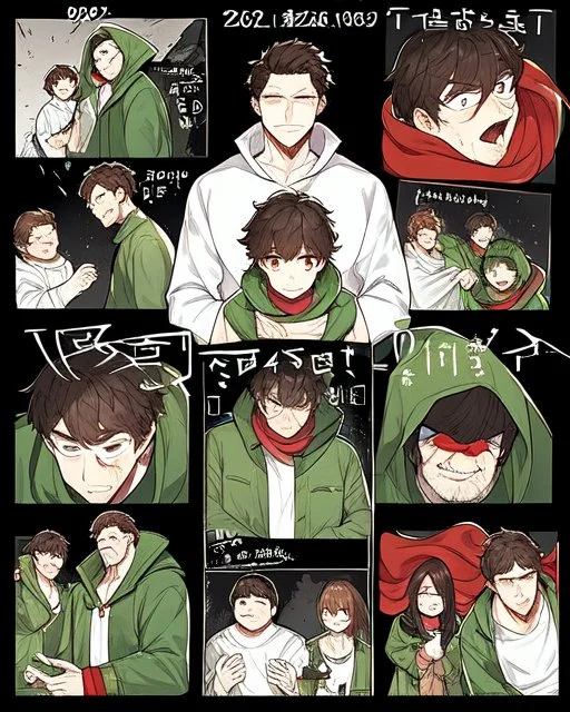 16 year old boy, wears a green hoodie, green coat open in the middle, white shirt under the coat, wears a red scarf, sunken eyes bleeding black, black background reminiscent of a nightmare, He has short brown hair, a genocidal, psychopathic expression.