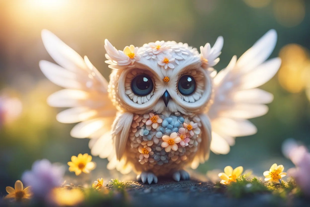 cute chibi owl gemstone fairy, flowers, in sunshine, ethereal, cinematic postprocessing, dof, bokeh