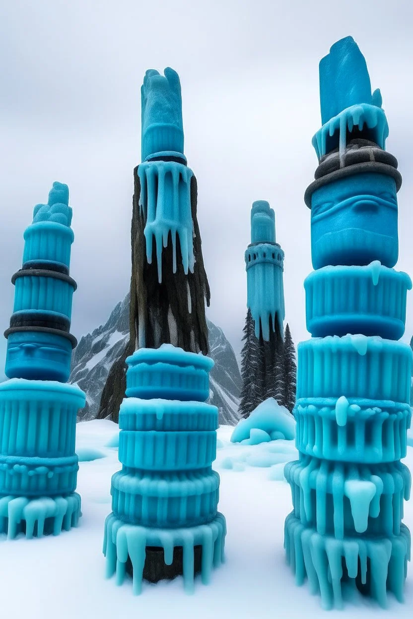 A cyan glacier with falling snowflakes and Pacific Northwest totem poles