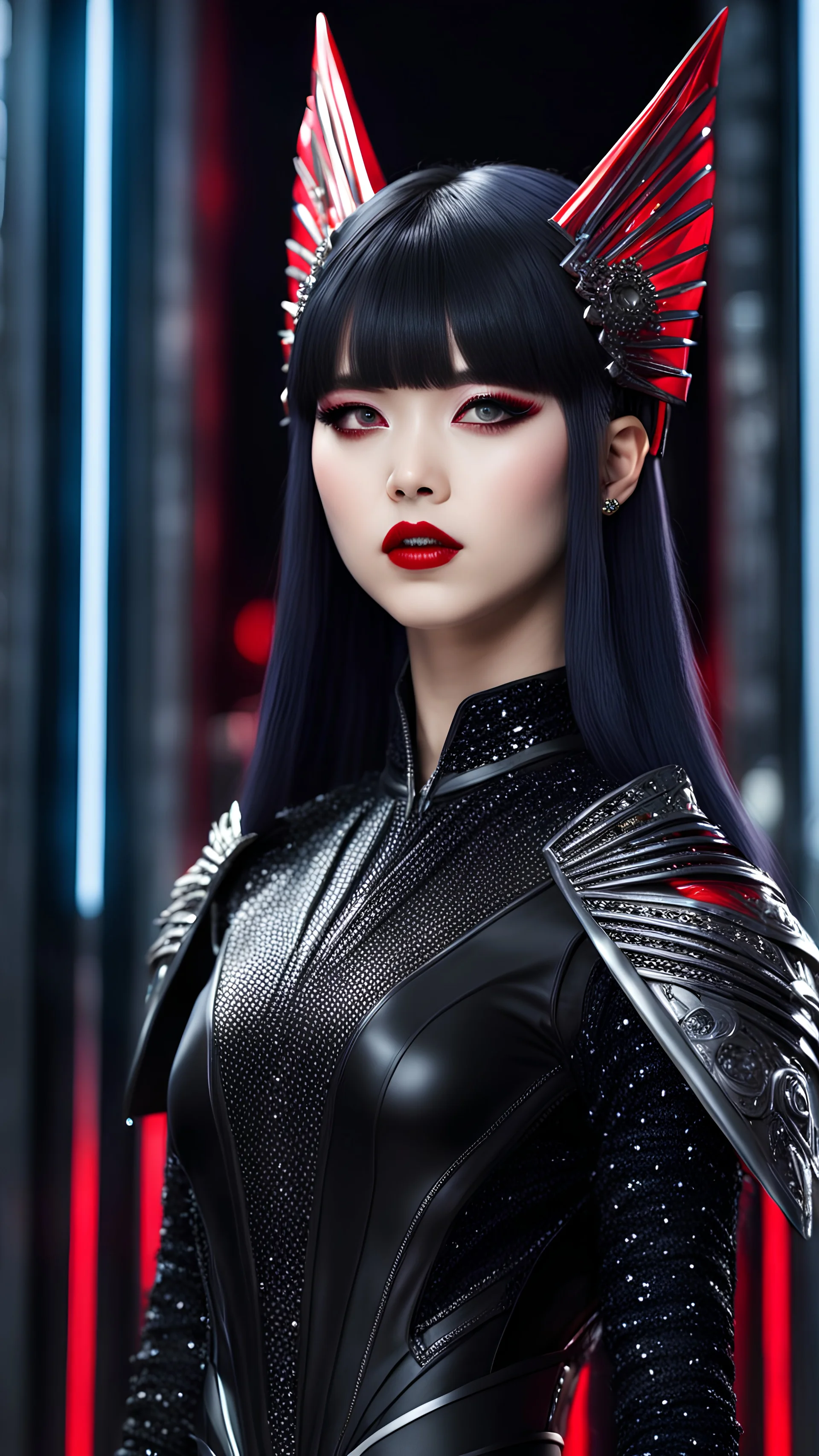 Create a hyper-realistic digital art piece featuring Babymetal posing in a futuristic gothic dress standing in Tokyo with her full body in frame. High attention to detail, including mascara-enhanced eyes and celebrity makeup with red lipstick. Render her hair and face with high detail, capturing the beauty. The image should have an ultra-focused and intense feel, utilizing an 8k resolution for crispness and clarity. DSLR camera, 50mm lens, neon lighting.