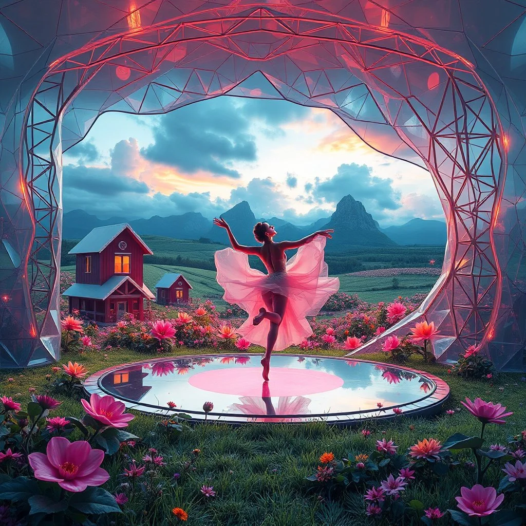 Dynamic cifi country side ,hypnotic of 3D structures Symmetry twisting and morphing between cifi plants , cifi flowers and metal geometric 3d structures buildings ,cifi cars, and an open cifi stage with a beautiful lady dancer in stage,a future pretty lady singer presenting in a big tv screen her art performance in it,smooth translucent iridescent glass with inner glow and bubbles, varied transparent materials, stormy skies, intense dramatic a beautiful balerina is performing