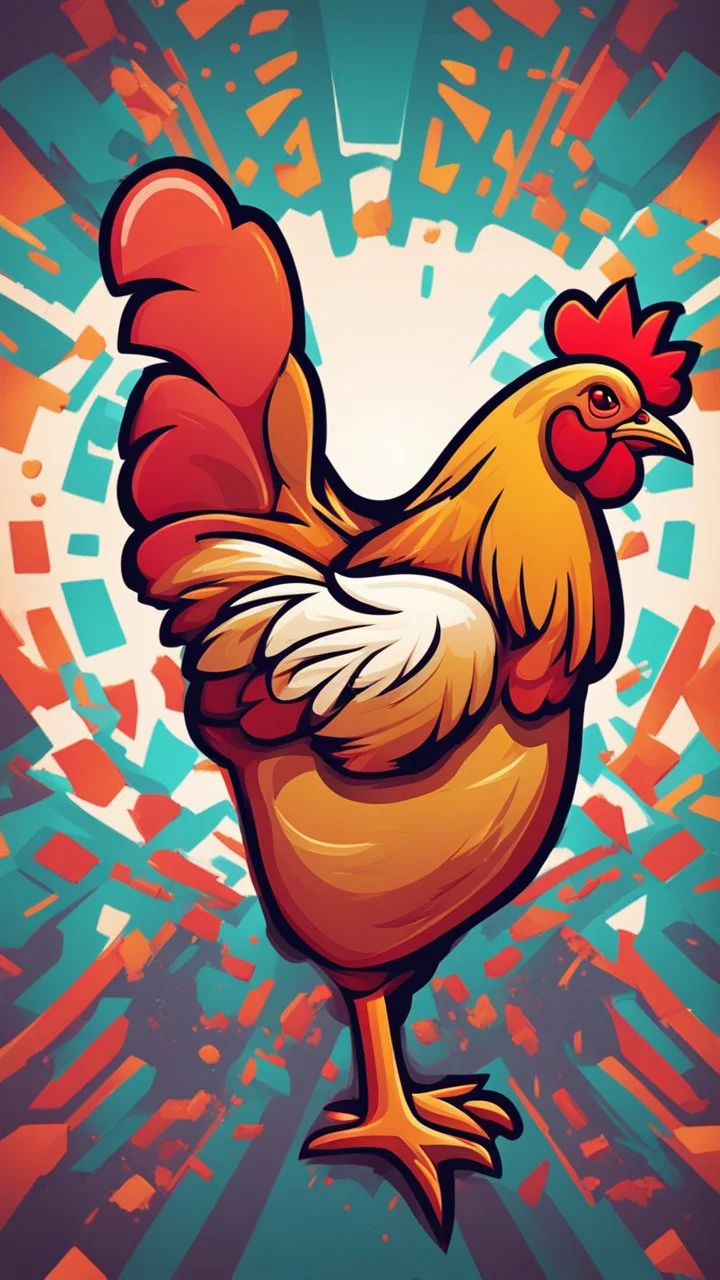 Design a vibrant, gaming-influenced logo of a chicken, featuring bright colors and a dynamic lighting scheme. Incorporate abstract shapes and textures to create an eye-catching composition.