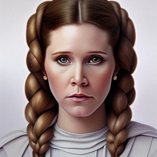 square framed complete and ultra realistic detailed head to waist portrait of young carrie fisher as Princess Leia with realistic hairstyle by Mandy Jurgens and mucha and Richard Schmid and chuck close and chie yoshii, extraordinary and detailed ceremony dress of star wars,brown eyes