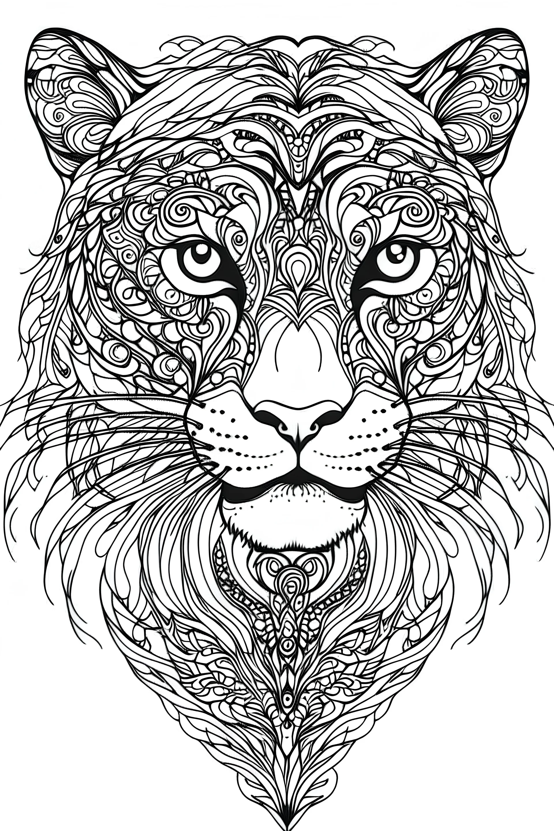 outline art for an Adult coloring page, Sketch style, only use outline< Mandala Jaguar, clean line art, white background, no shadows and clear and well