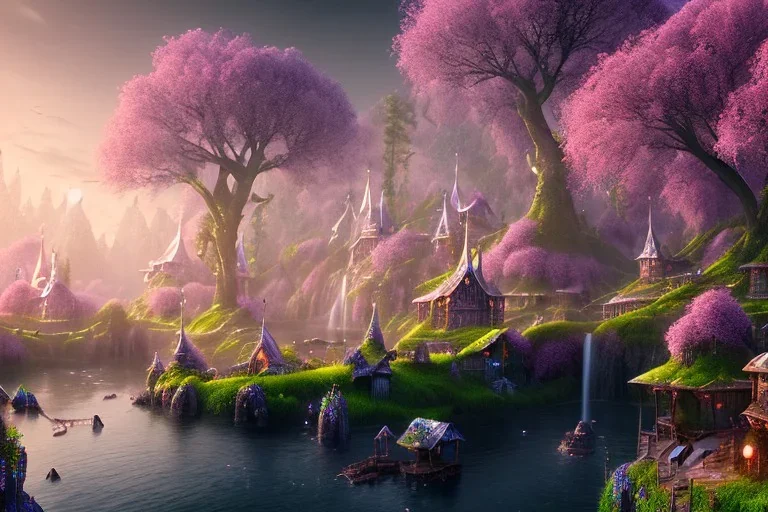 Immersive​ fantasy elven town city in the deep forest with ancient elder tree beautiful blossom nature river 4k full hd