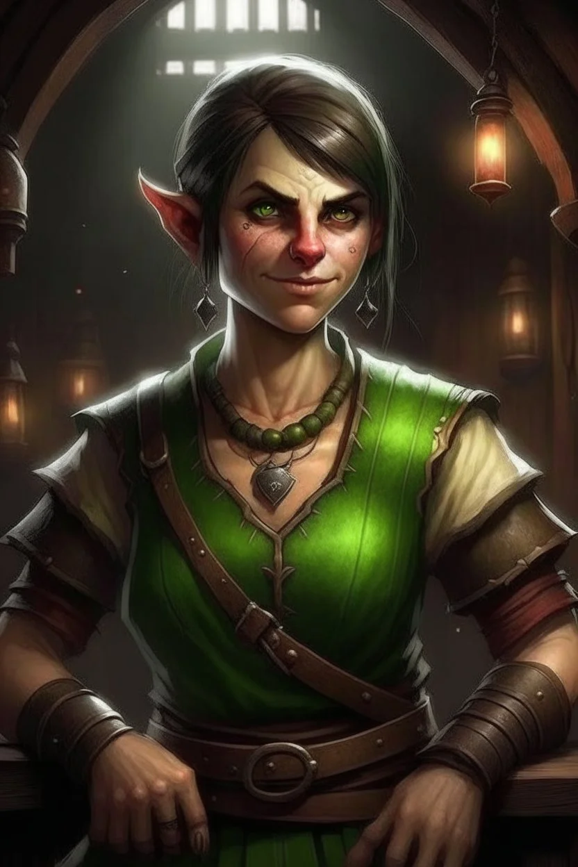 Dungeons and dragons She is an orc. She has green skin. She is kind. She is handsome. She has nice eyes. She has short hair. She is strong. She is in a tavern. She has broad shoulders. She has a large jaw. She wears casual peasant clothes. Realistic style