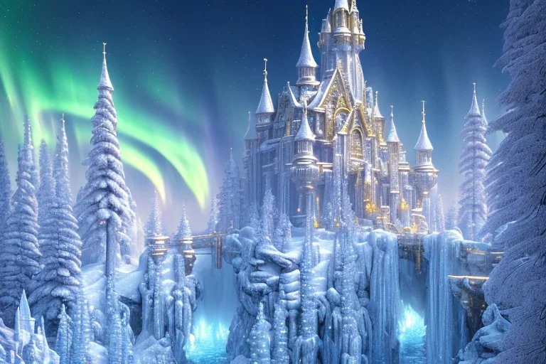  white and gold crystal castle，waterfall, winter snow flakessnow, northern Lights, full of details, smooth, bright sunshine，soft light atmosphere, light effect，vaporwave colorful, concept art, smooth, extremely sharp detail, finely tuned detail, ultra high definition, 8 k, unreal engine 5, ultra sharp focus