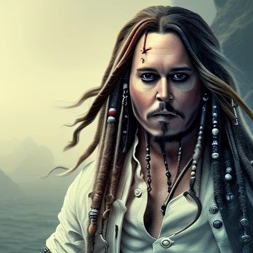 captain jack sparrow, dark, happy expression, 12k, ultra high definition, finely tuned detail, unreal engine 5, octane render, ultra realistic face, detailed make-up, detailed hair, use dynamic palette, accurate proportions, high contrast, black smokey bokeh background