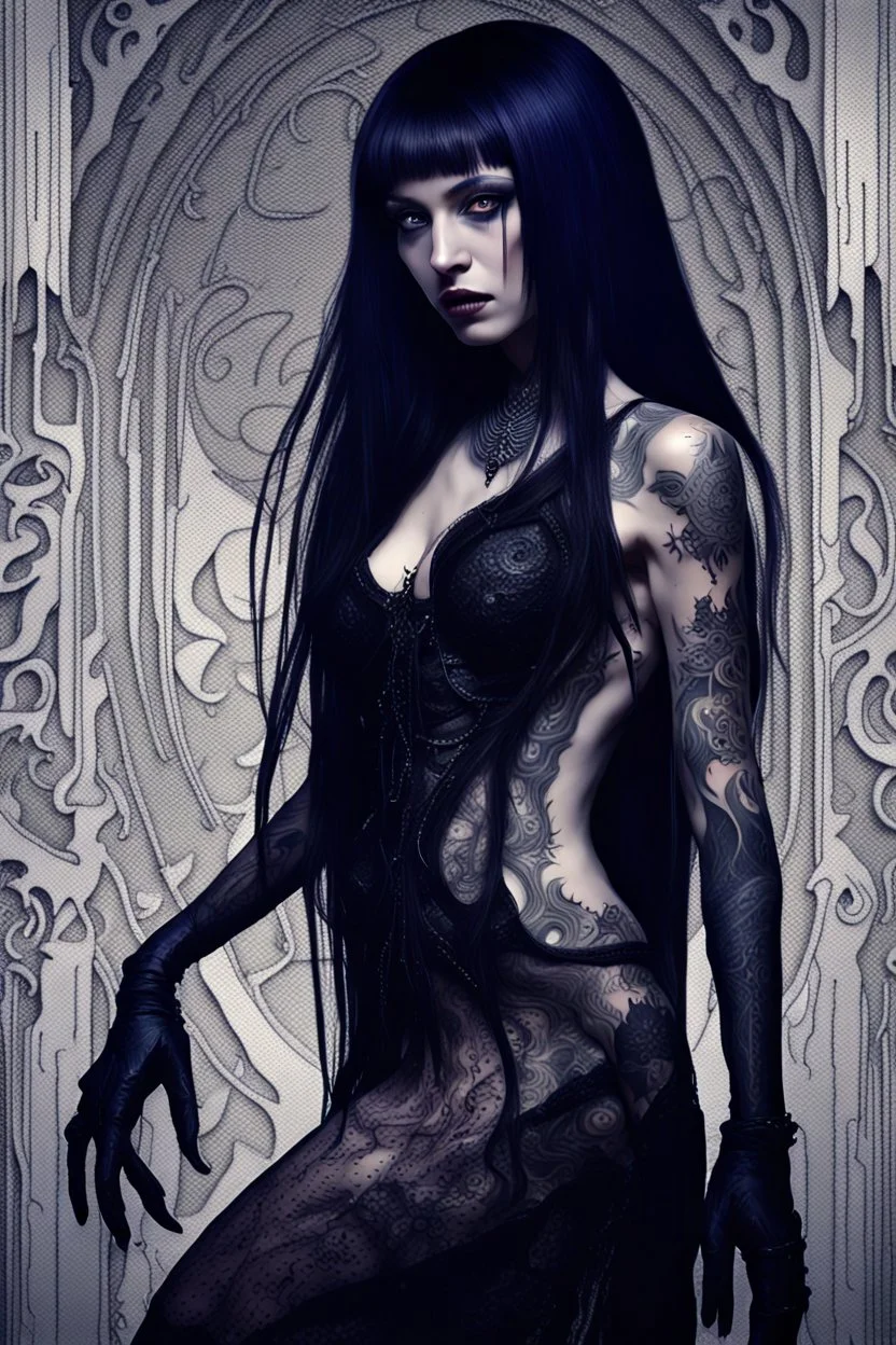 a crepy stunning mystic woman with dark purple-black long hair and black tattoos on her body, a cold, indifferent expression, silver and black onyx jewelry, black lace dress, crepy stunning anthropomorphic female, theral human, ancient deity, by Vincent Lefevre and Yoshitaka Amano, stunning 3d woman , dark fantasy style, thriller