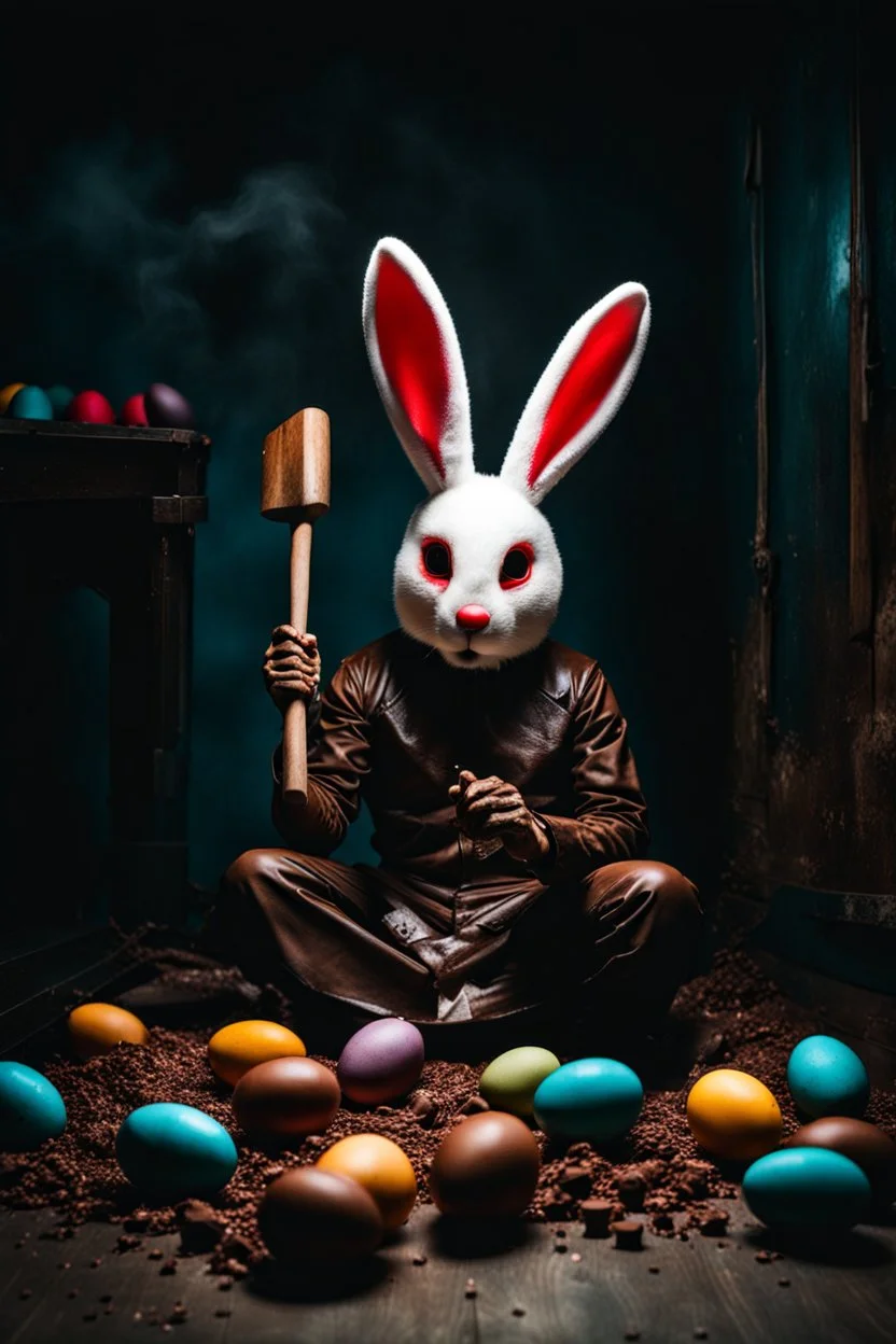 horror figure in rabbit mask sitting on the floor and shatters with a hammer many chocolate eggs, crepy, volumetric light, dark colors, surreal dark mood, cinematic