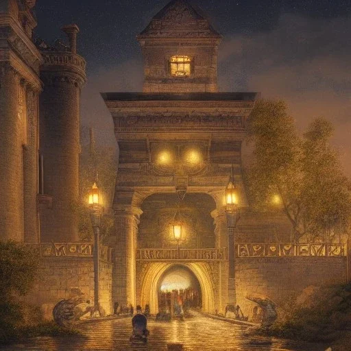 A luminous and magical drawbridge made of light, people standing in front of it and passing through the portal to enter another world, Peter Merbacher, Thomas Kincaid and Raphael Lacoste, masterpiece, illustration, many details, small details, intricate, popular at the station Art, painting with details and full HD components, 4K, 8K, 16K