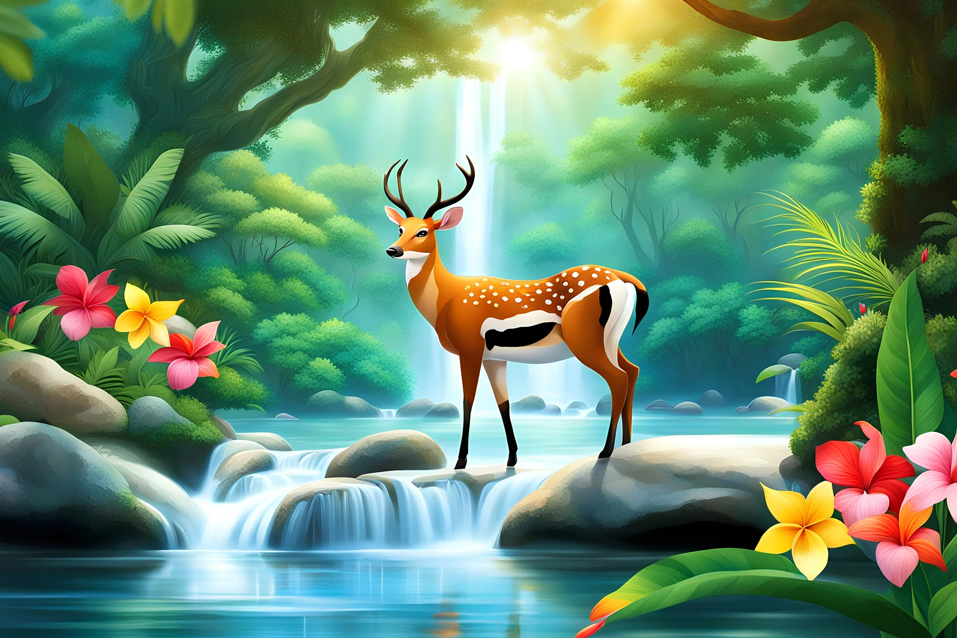 Create a realistic picture of a jungle with vibrant flowers and towering trees. Include beautiful animals like colorful birds, playful monkeys, and graceful deer. Add a winding river with crystal-clear, wavy water flowing gently over smooth rocks on the riverbed and a very beautiful girl standing in water. Let the sunlight filter through the canopy, casting a warm glow on this serene and enchanting landscape.