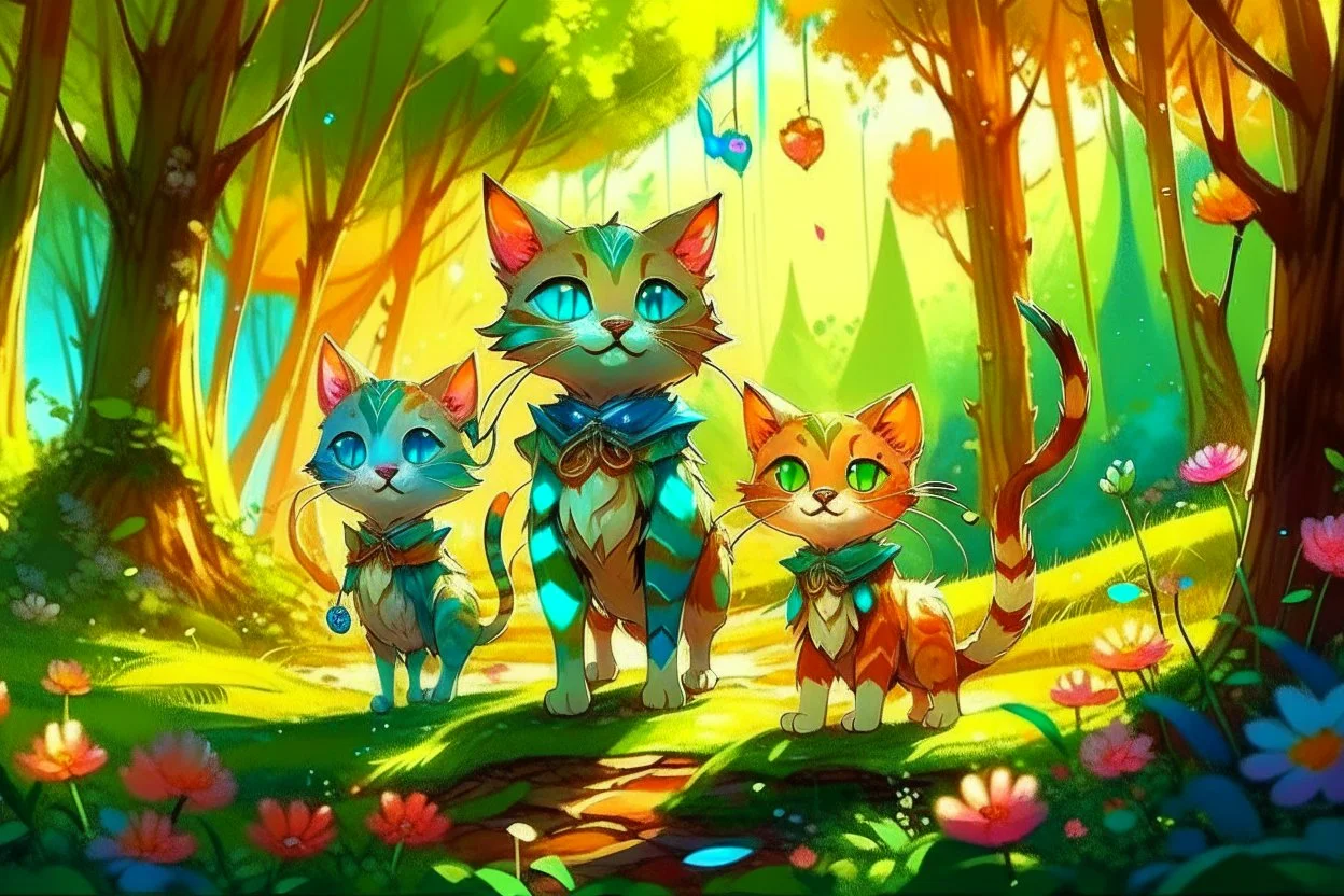 Cute chibi colourful Glass cat family on an excursion in the forest, may pole in style of Mariya Markina, digital painting; fantasy; very attractive; beautiful; high detail; cinematic postprocessing; acrylic art in sunshine