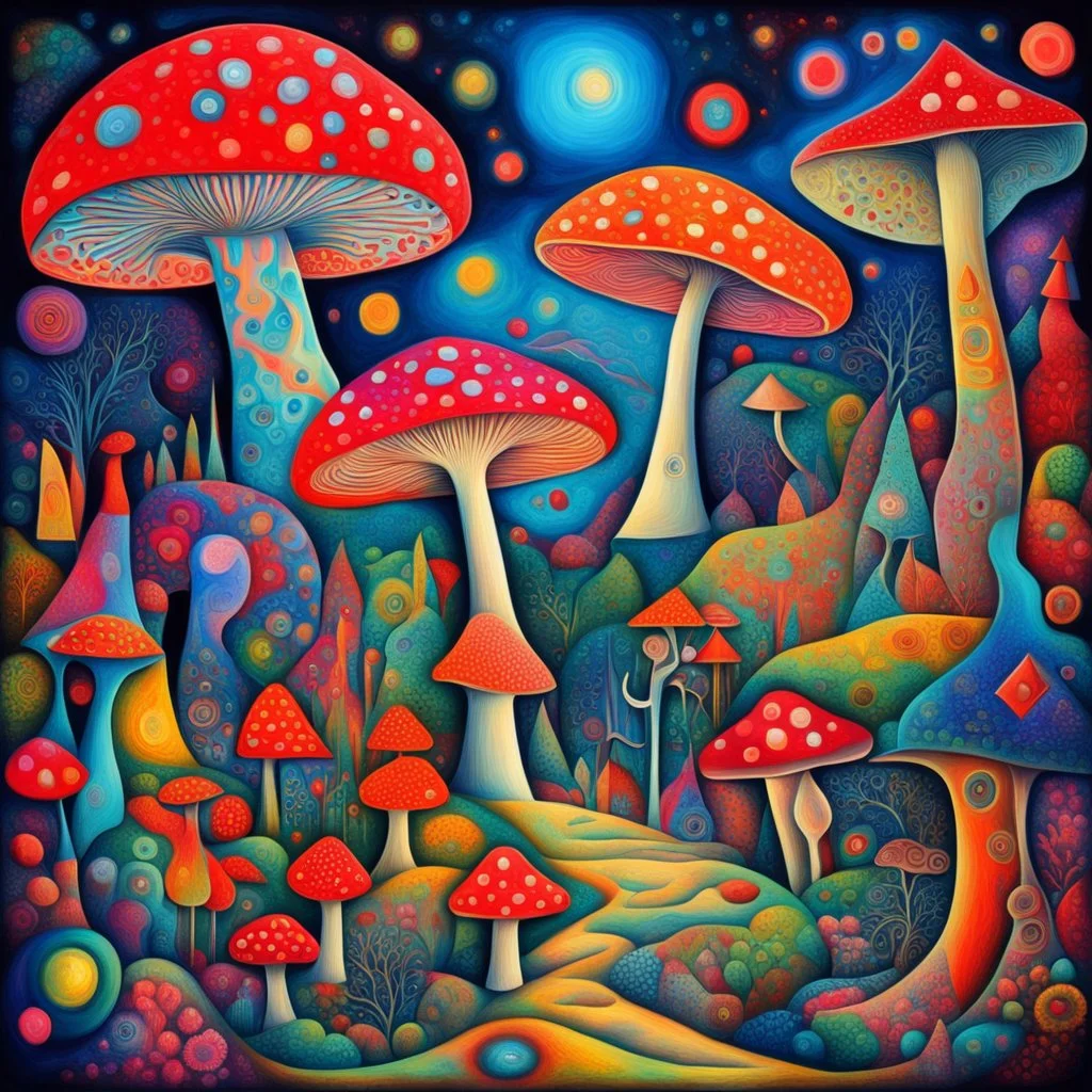 Surreal Cubist Dreamscape; Picasso, fragmented Psychedelic Toadstool, glowing neon, Chagall