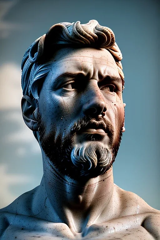 Ultra Realistic image, classical renaissance sculpture, marble material, Lionel Messi, emperor style, chisel style, waist up portrait, epic, celestial, cinematic lighting, God light, god rays, 4k resolution, smooth details, ornate details, soft lighting, unreal engine 5, sky background.