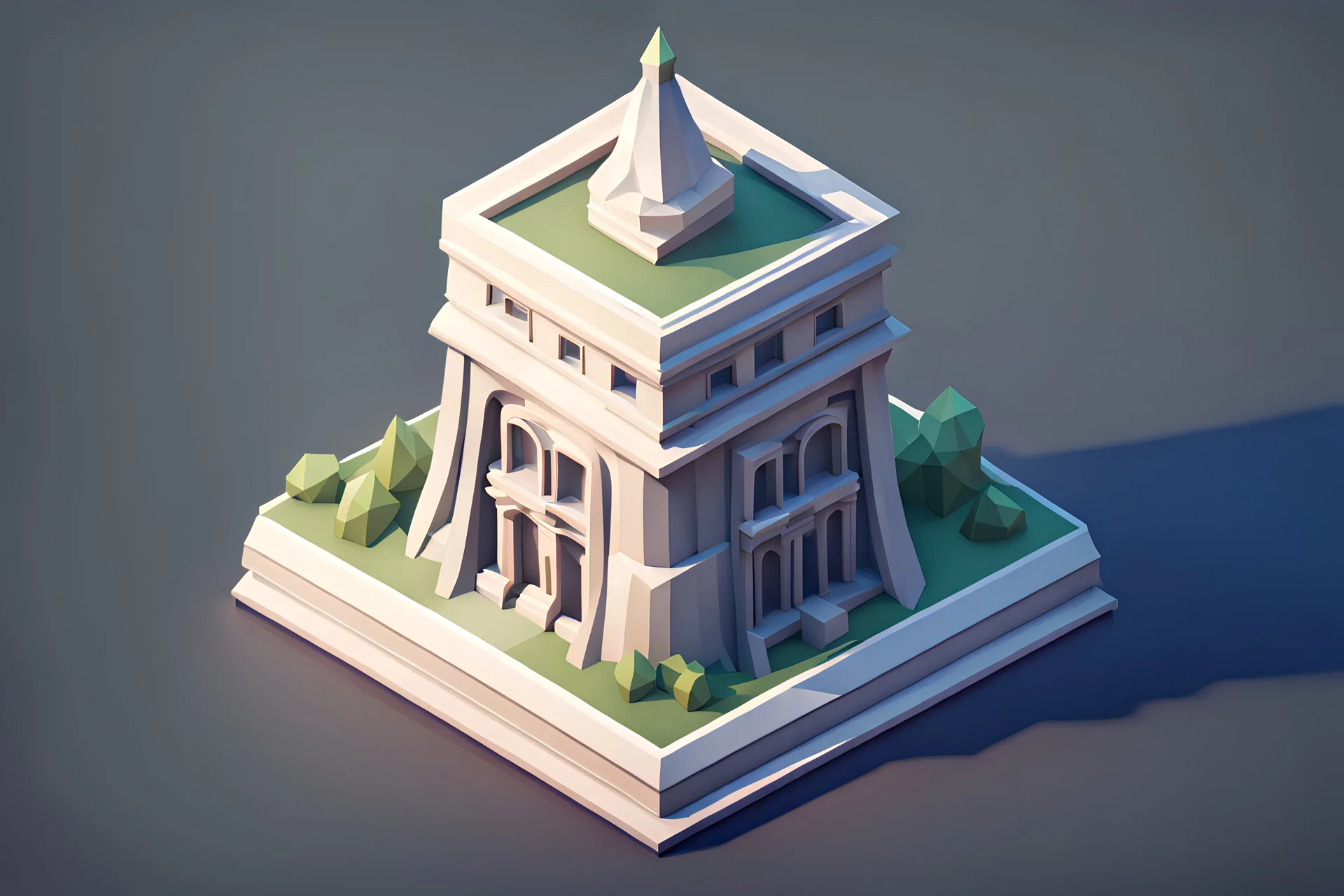 low poly 3d tower top close up, isometric view from top