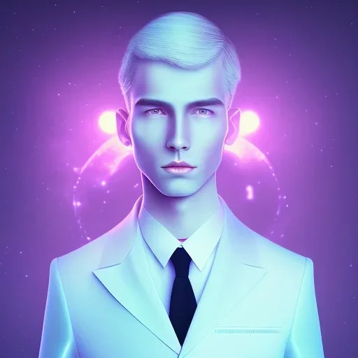 man, cute face, white highlight hair, brown eye, white, skin, purple suits, futuristic, science, purple, blue, dark pink background lighting, technology, profile, asian boy, square face, orange backlight, vagina